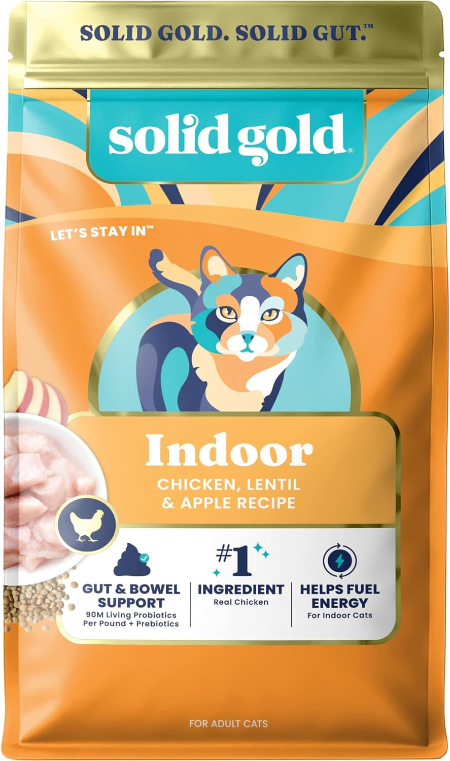 Solid Gold Indoor Dry Cat Food - Grain Free & Gluten Free - Chicken Cat Food Dry Kibble for Indoor Cats for Gut Health - Sensitive Stomach & Hairball Support for Adult Cats - 12LB